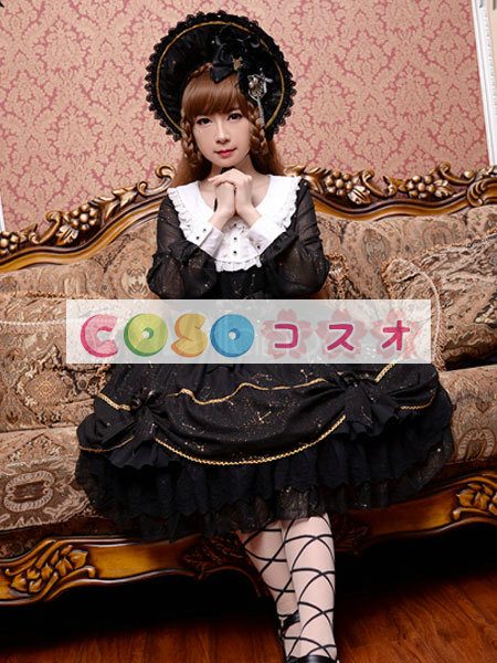 女性のための黒弓シフォン カントリーロリータ ドレス ―Lolita0601