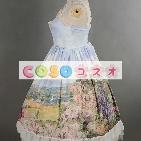 ロリィタジャンパースカート　ライトブルー　リボン　可愛い　合成繊維　パーティー　プリント柄　 ―Lolita0686