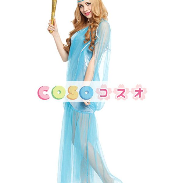 ハロウィン　自由の女神像　コスチューム　ドレス　ブルー　ワンショルダー　アメリカン　女性用　ポリエステル―festival-0596