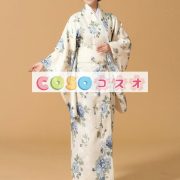 和服　コスチューム　ハロウィン　ベージュ　浴衣　花柄　女性用　大人用―festival-0656 4