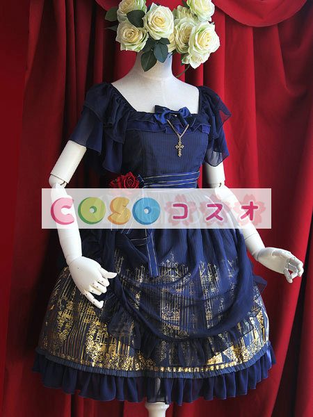 ロリータ服　全４色　ワンピース　半袖　メイド風　リボン　スクエアネック　 ―Lolita0334