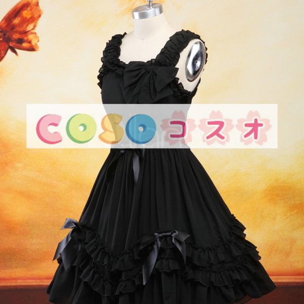 ロリータジャンパースカート，ブラック　リボン　スクエアネック　スィート　シフォン　 ―Lolita0373