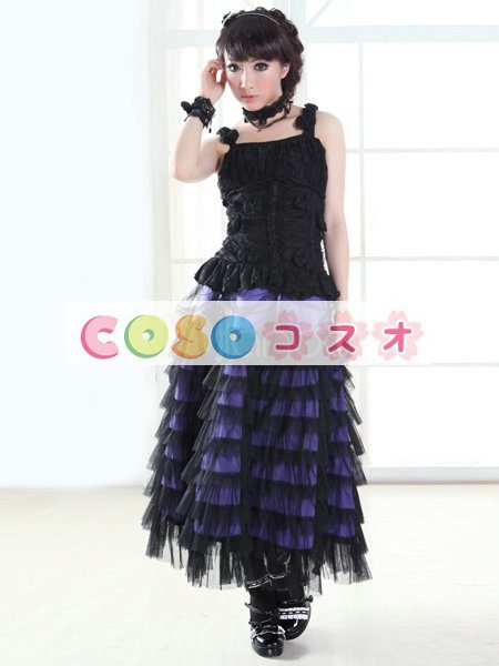 ロリータスカート，ブラック・ブルー　ティアド　パンク　綿混紡　 ―Lolita0380