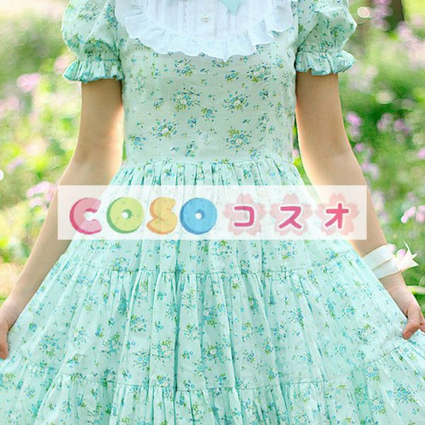 ロリータ服　ワンピース　ライトブルー　チュニック　プリント柄　コットン　可愛い　半袖　ポートレイトネック　パーティー　 ―Lolita0671