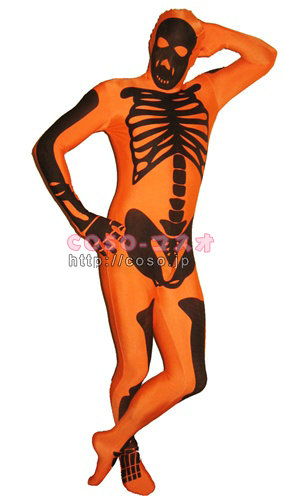 オレンジ色の底色　ブラックのスカルマンの骨組み図案　ライクラ製　―3taitsu0066