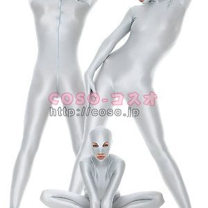 ライトグレー　目と口出しマスク付き　スパンデックス 全身タイツ―3taitsu0153