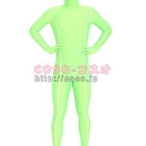 ライトグリーン　白ライン修飾　伸縮性よい　ライクラ＆スパンデックス全身タイツ―3taitsu0156