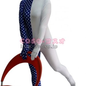 パッチワーク　半面人　ホワイト＆ブルー　五角形　ライクラ＆スパンデックス　―3taitsu0199