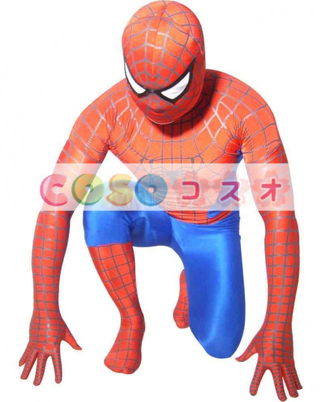 ★スパイダーマン★ 全身タイツ コスチュームセット 赤　銀色しま―taitsu-tights1083