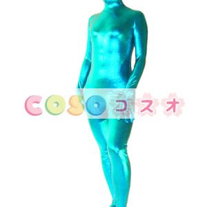 メタリック全身タイツ，ブルー　単色　ユニセックス　大人用　変装コスチューム　開口部がない　　―taitsu-tights0618