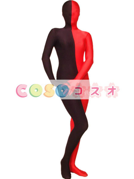 全身タイツ，カラーブロック　ブラック＆レッド　ユニセックス　大人用　開口部のない全身タイツ　仮装コスチューム―taitsu-tights0651