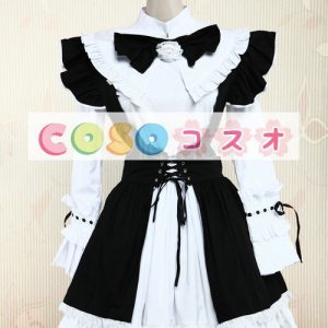 ロリータワンピース，ブラック＆ホワイト　メイド風　ターンダウンカラー　ドローストリング　ロングスリーブ ―Lolita0358