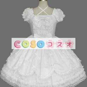 ロリータ服　ワンピース　ホワイト　チュニック　ドレス　コットン　可愛い　半袖　飾り付き襟　リボン　パーティー　 ―Lolita0591