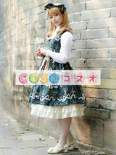 ロリータジャンパースカート　ダークグリーン　可愛い　コットン　 ―Lolita0617