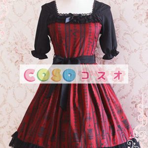 ロリータ服　ワンピース　ワインレッド　ボディコン　ドレス　シフォン　可愛い　五分袖　スクエアネック　リボン　カジュアル　 ―Lolita0704