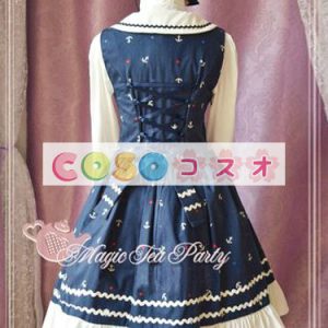 ジャンパースカート　ロリィタドレス　ブルー　スクエアカラー　プリント　コットン ―Lolita0039