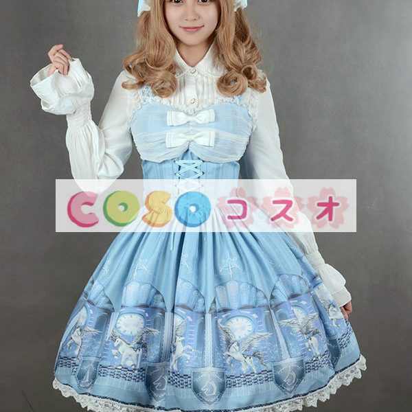 ロリィタジャンパースカート　パーティー　可愛い　合成繊維　プリント柄　リボン　 ―Lolita0048 1