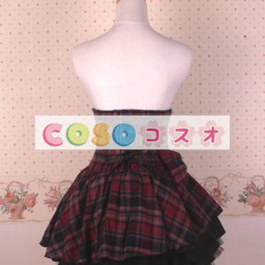 ギンガム　ハイウェスト　ロリィタスカート　サロペットスカート　ボタン　リボン　フリル―Lolita0137