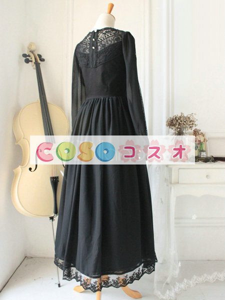 ロリータ服　ワンピース　ブラック　単色　ドレス　オーガンザ　ゴシック　レース　カジュアル　 ―Lolita0195 1