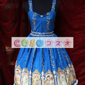 ロリータ服，ジャンパースカート　新作　編み上げタイプ　プリント柄　スィート　レース付き ―Lolita0219