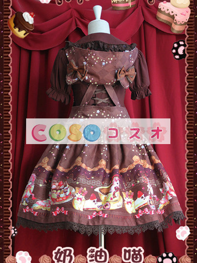ジャンパースカート　ピンク・ブラウン　クリーム猫　リボン　可愛い ―Lolita0330 1