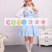 ロリータジャンパースカート，ブルー　縞模様　蝶結び　スィート　コットン　 ―Lolita0365