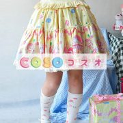 ロリータスカート，イエロー　リボン　プリント柄　プリーツ　コットン　 ―Lolita0376