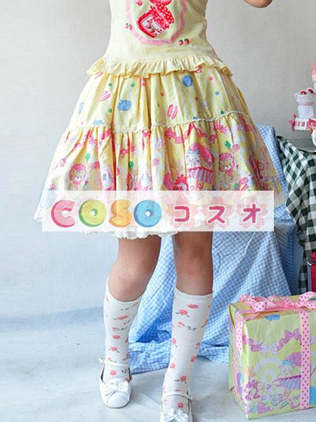 ロリータスカート，イエロー　リボン　プリント柄　プリーツ　コットン　 ―Lolita0376 1
