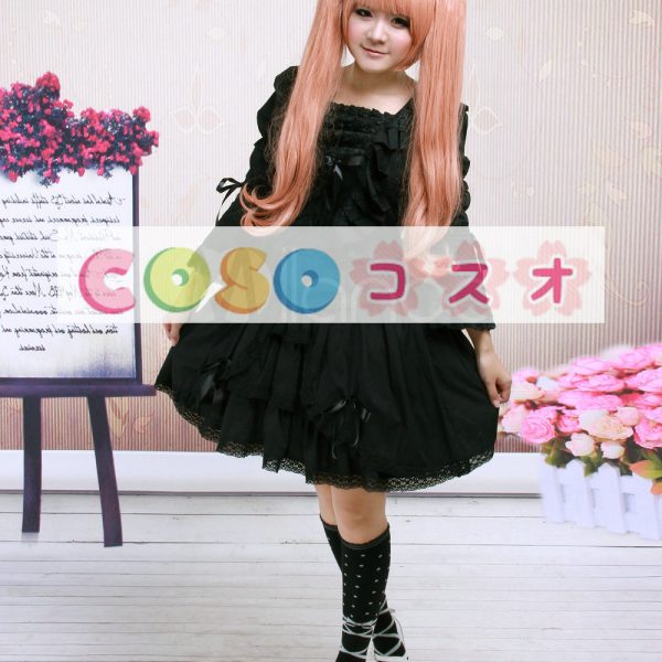ロリータワンピース，ブラック・ピンク　スクエアネック　ドローストリング　ロングスリーブ　スィート　 ―Lolita0397 1