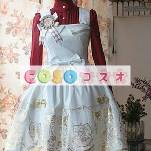 ロリータジャンパースカート，ホワイト　プリーツ　リボン　クラシック＆トラディション　ベロア　 ―Lolita0414