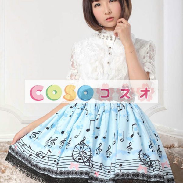 ロリータ服　スカート　ブルー　スィート　プリント　レース　 ―Lolita0425 1