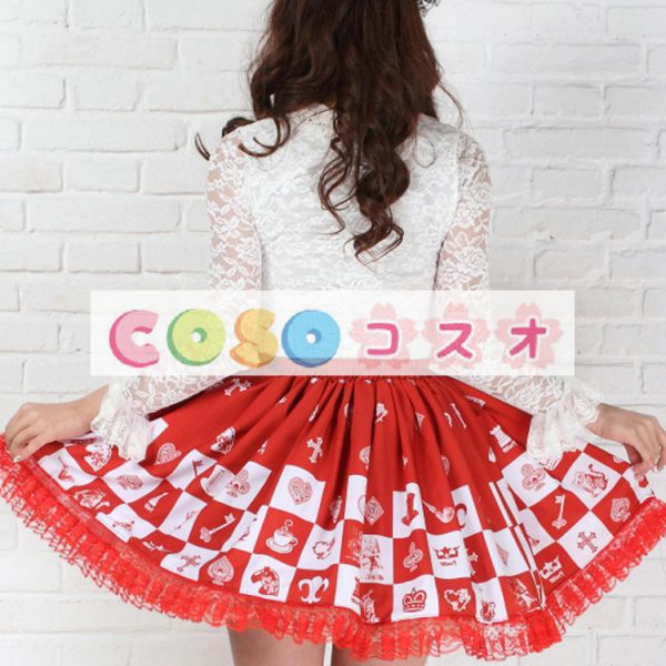 ロリータ服，スカート　レッド　可愛い　スィート　プリント柄　レース付き　 ―Lolita0476 1