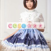 ロリータ服　スカート　ブルー　スィート　プリント　レース　 ―Lolita0499