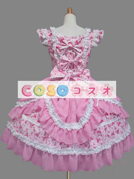 ロリータ服　ワンピース　ピンク　チュニック　プリント柄　コットン　可愛い　半袖　リボン　パーティー　 ―Lolita0530 1