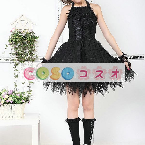 ロリータジャンパースカート，ブラック　ホルターネック　レース　パンク　綿混紡　 ―Lolita0544 1