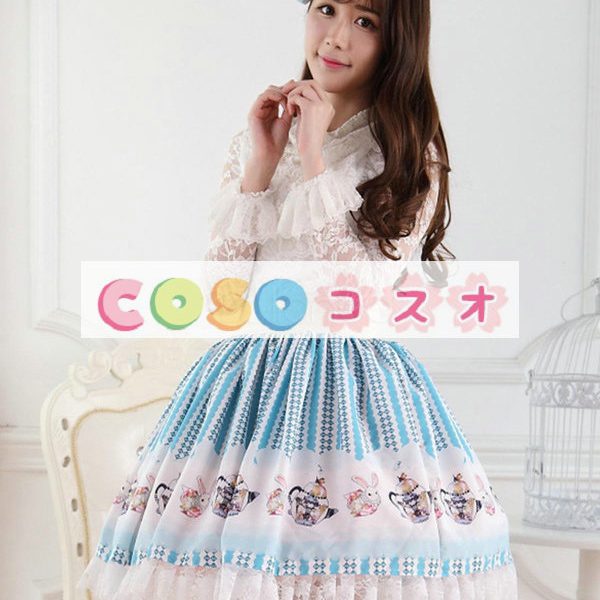 ロリータ服　スカート　ブルー　スィート　可愛い　新作　プリント　レース　 ―Lolita0551 1