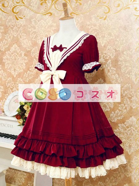 ロリータ服　ワンピース　チュニック　ドレス　シフォン　可愛い　半袖　折り襟　リボン　パーティー　 ―Lolita0552 1