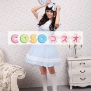 ロリータワンピース，ブルー＆ホワイト　スクエアネック　縞模様　レース　ショートスリーブ　スィート　 ―Lolita0569