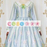 ロリータ服　ワンピース　ボディコン　リボン柄　ドレス　シルクライク　可愛い　長袖　折り襟　編み上げ　カジュアル　 ―Lolita0627