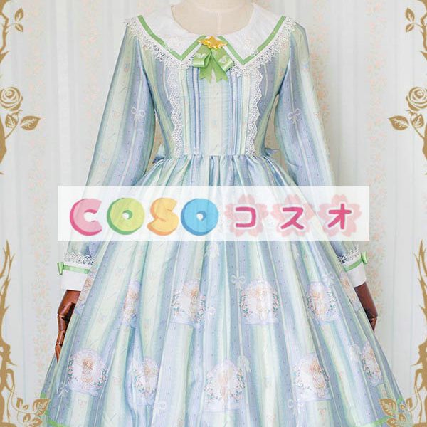 ロリータ服　ワンピース　ボディコン　リボン柄　ドレス　シルクライク　可愛い　長袖　折り襟　編み上げ　カジュアル　 ―Lolita0627 1