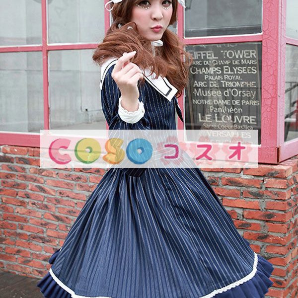 ロリータ服　ワンピース　ダークネイビー　チュニック　ドレス　可愛い　長袖　折り襟　リボン　パーティー　 ―Lolita0650 1
