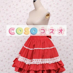 ロリータスカート，レッド　水玉模様　レース　スィート　コットン　ティアド ―Lolita0685