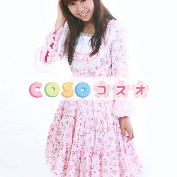 ロリータ服　ワンピース　ピンク　チュニック　プリント柄　コットン　可愛い　長袖　パーティー　 ―Lolita0730 1