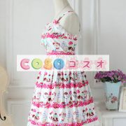 ロリィタジャンパースカート　ピンク　プリント付き　可愛い　コットン　スクエアネック　カジュアル　 ―Lolita0839