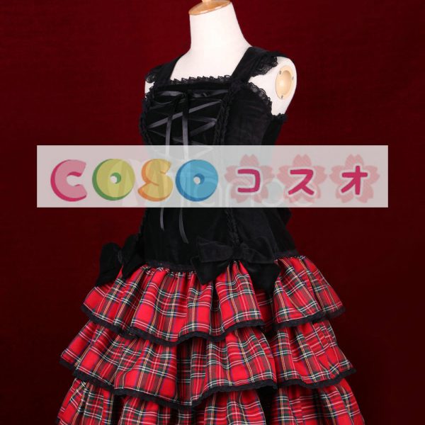 ロリィタジャンパースカート　ブラック＆レッド　ギンガム　レースアップ　レーストリム ―Lolita0173 1
