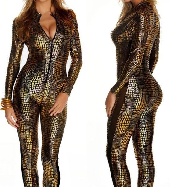 フロントジップ　アップ　スネーク　デザイン　ビニールレザー　ボディースーツ　キャットスーツ　-Halloween-trw0725-0433 1