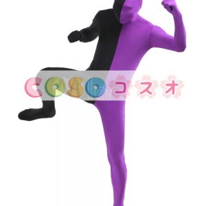 全身タイツ，ユニセックス　ブラック＆紫色　カラーブロック　大人用　開口部のない全身タイツ　仮装コスチューム　―taitsu-tights1301