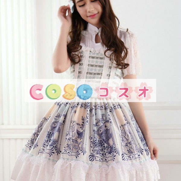 ロリータ服　ワンピース　アプリコット　プリント　ドレス　ポリエステル　スィート　レース　カジュアル　 ―Lolita0082