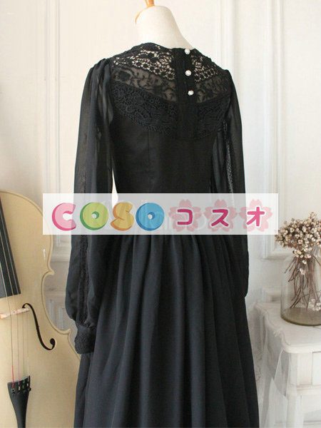 ロリータ服　ワンピース　ブラック　単色　ドレス　オーガンザ　ゴシック　レース　カジュアル　 ―Lolita0195
