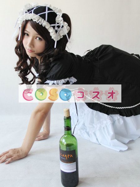 ロリータワンピース　ブラック　ショートスリーブ　メイド風 ―Lolita0215